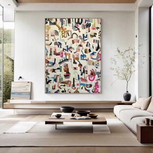Large Modern Abstract Painting – Contemporary Hand Painted Multi-Color Symbolic Canvas Art for Stylish Home Decor