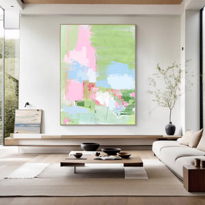 Large Modern Abstract Pink Green Floral Textured Canvas Art Colorful Painting for Home & Office Decor