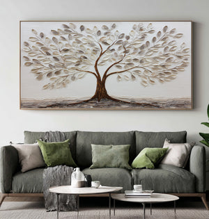 Large Modern Botanical Tree Canvas Wall Art Neutral Nature Painting for Contemporary Home Decor