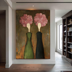 Large Modern Floral Portrait Oil Painting on Canvas Textured Wall Art for Living Room Decor