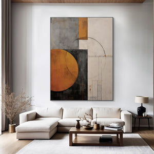 Large Modern Geometric Canvas Wall Art | Minimalist Orange and Grey Abstract Painting for Living Room