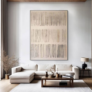 Large Neutral Abstract Painting – Modern Hand Painted Cream and Gray Line Art for Stylish Interior Design