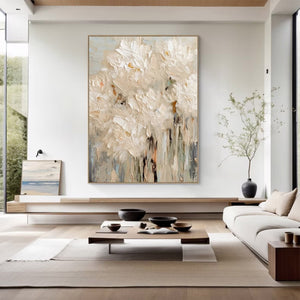 Large Neutral Abstract Painting – Modern Hand Painted Cream and White Flower Art for Stylish Interior Design