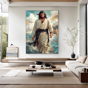 Large Ocean Scene Jesus Walking on Water Hand-Painted Canvas Wall Art Figurative Religious Oil Painting for Wall Decor