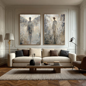 Large Set of 2 Angel Figurative Textured Oil Painting Wabi-Sabi Canvas Wall Art for Living Room Decor