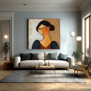 Large Square Modigliani-Style Woman Portrait Canvas Wall Art Modern Figurative Art for Living Room Decor