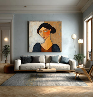 Large Square Modigliani-Style Woman Portrait Canvas Wall Art Modern Figurative Art for Living Room Decor