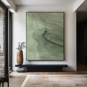 Large Textured Green Abstract Canvas Wall Art Contemporary Minimalist Painting for Home Decor
