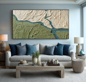 Large Textured River Landscape Oil Painting Green Abstract Canvas Wall Art for Living Room Decor