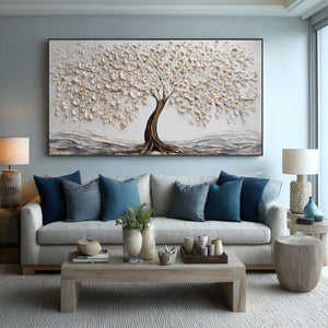 Large Tree of Life Oil Painting Textured White Tree Canvas Wall Art for Living Room Decor
