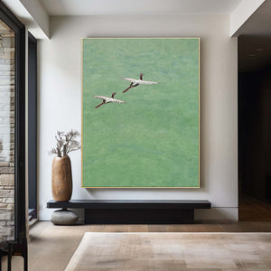 Large Vertical Sage Green Crane Canvas Wall Art Modern Asian Zen Art for Living Room & Study