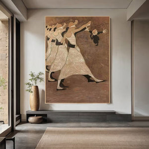 Large Vintage Dancing Figures & Puppet Figurative Oil Painting Folk Art Canvas Wall Art for Living Room Decor