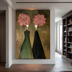 Large Vintage Floral Figure Oil Painting on Canvas Elegant Wall Art for Living Room Decor
