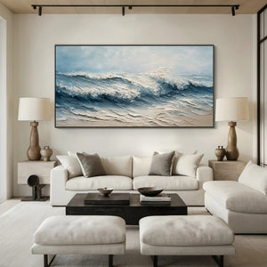 Large Wabi-Sabi Textured Beach Wave Canvas Wall Art Textured Oil Painting for Bedroom & Entryway Decor