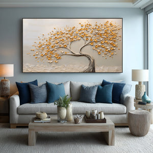 Large Wabi-Sabi Textured Golden Tree of Life Canvas Wall Art Textured Oil Painting for Entryway & Bedroom Decor