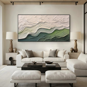 Large Wabi-Sabi Textured Green Wave of Nature Canvas Wall Art Textured Oil Painting for Bedroom & Entryway Decor