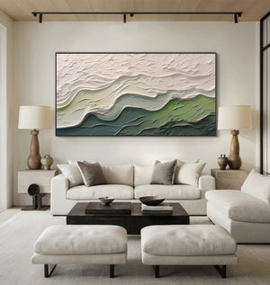 Large Wabi-Sabi Textured Green Wave of Nature Canvas Wall Art Textured Oil Painting for Bedroom & Entryway Decor