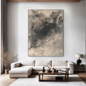 Large Minimalist Abstract Painting – Modern Ink Wash Style Canvas Art Hand Painted for Living Room Decor