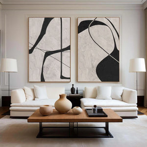 Set of 2 Large Black & Beige Abstract Geometric Canvas Wall Art Modern Minimalist Textured Painting for Living Room Decor
