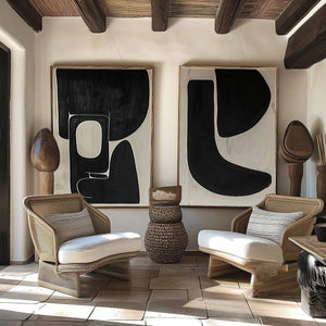 Set of 2 Large Black & Beige Abstract Organic Shape Canvas Wall Art Wabi-Sabi Modern Painting for Living Room Decor