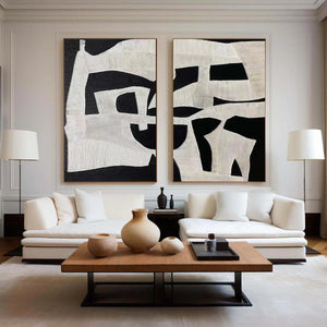 Set of 2 Large Black & White Abstract Textured Canvas Wall Art Modern Minimalist Painting for Living Room Decor