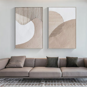 Set of 2 Modern Textured Macrame & Sand Canvas Art Neutral Geometric Wall Decor for Home & Office
