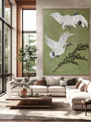 Large Wildlife Crane Canvas Wall Art Elegant Bird Painting for Modern Living Room Decor