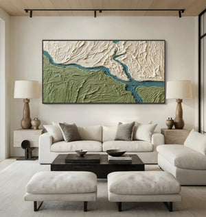 Large Textured River Landscape Oil Painting Green Abstract Canvas Wall Art for Living Room Decor