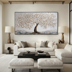 Large Tree of Life Oil Painting Textured White Tree Canvas Wall Art for Living Room Decor