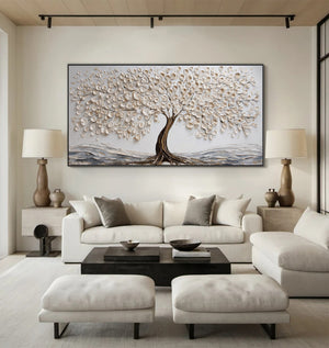 Large Tree of Life Oil Painting Textured White Tree Canvas Wall Art for Living Room Decor