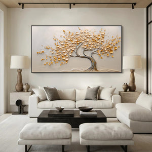 Large 3D Textured Golden Money Tree Hand-Painted Oil Painting Luxury Canvas Wall Art for Living Room Decor