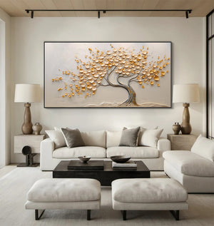 Large 3D Textured Golden Money Tree Hand-Painted Oil Painting Luxury Canvas Wall Art for Living Room Decor
