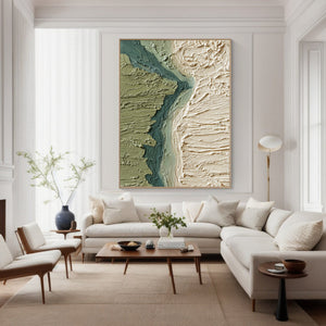 Large Abstract River Landscape Oil Painting Green Textured Terrain Canvas Wall Art for Living Room Decor