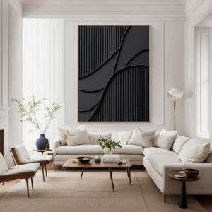 Large Black Abstract Geometric Painting Textured Modern Canvas Wall Art for Living Room Decor