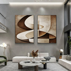 Set of 2 Wabi-Sabi Textured Brown Beige Abstract Canvas Art Neutral Tone Geometric Painting for Bedroom & Entryway Decor
