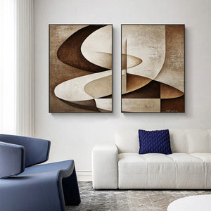 Set of 2 Wabi-Sabi Textured Brown Beige Abstract Canvas Art Neutral Tone Geometric Painting for Bedroom & Entryway Decor