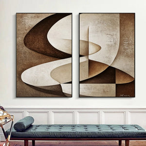 Set of 2 Wabi-Sabi Textured Brown Beige Abstract Canvas Art Neutral Tone Geometric Painting for Bedroom & Entryway Decor