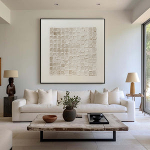 Large Minimalist Textured Block Grid Canvas Wall Art Textured Abstract Art for Entryway & Bedroom Decor