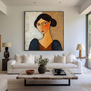 Large Square Modigliani-Style Woman Portrait Canvas Wall Art Modern Figurative Art for Living Room Decor