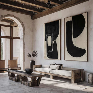 Set of 2 Large Black & Beige Abstract Organic Shape Canvas Wall Art Wabi-Sabi Modern Painting for Living Room Decor