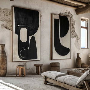 Set of 2 Large Black & Beige Abstract Organic Shape Canvas Wall Art Wabi-Sabi Modern Painting for Living Room Decor