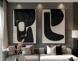 Set of 2 Large Black & Beige Abstract Organic Shape Canvas Wall Art Wabi-Sabi Modern Painting for Living Room Decor