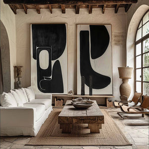 Set of 2 Large Black & Beige Abstract Organic Shape Canvas Wall Art Wabi-Sabi Modern Painting for Living Room Decor