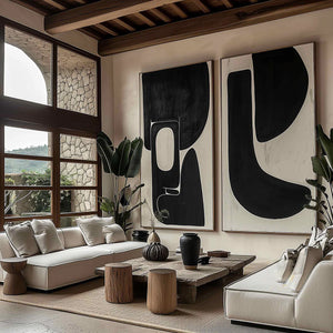 Set of 2 Large Black & Beige Abstract Organic Shape Canvas Wall Art Wabi-Sabi Modern Painting for Living Room Decor