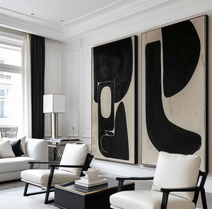 Set of 2 Large Black & Beige Abstract Organic Shape Canvas Wall Art Wabi-Sabi Modern Painting for Living Room Decor
