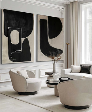 Set of 2 Large Black & Beige Abstract Organic Shape Canvas Wall Art Wabi-Sabi Modern Painting for Living Room Decor