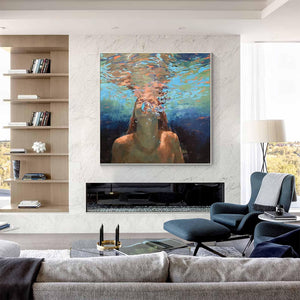 Large Underwater Figurative Textured Oil Painting Modern Figurative Canvas Art for Living Room Decor