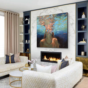 Large Underwater Figurative Textured Oil Painting Modern Figurative Canvas Art for Living Room Decor