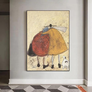 Large Minimalist Whimsical Couple & Pet Canvas Wall Art Textured Oil Painting for Living Room & Bedroom Decor