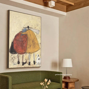 Large Minimalist Whimsical Couple & Pet Canvas Wall Art Textured Oil Painting for Living Room & Bedroom Decor